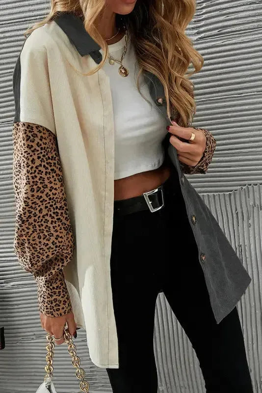Gray Color Block Leopard Patched Corduroy Shacket - Fashionfitz