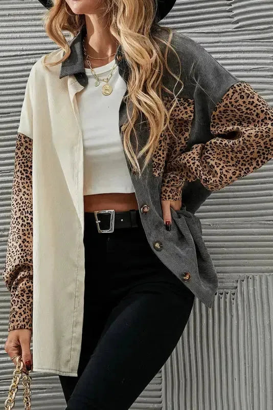 Gray Color Block Leopard Patched Corduroy Shacket - Fashionfitz