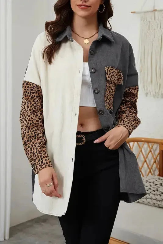 Gray Color Block Leopard Patched Corduroy Shacket - Fashionfitz
