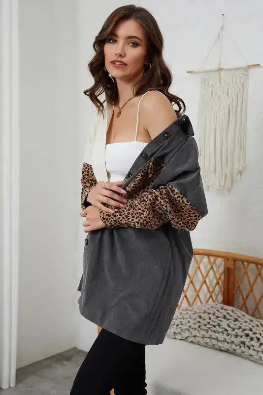 Gray Color Block Leopard Patched Corduroy Shacket - Fashionfitz