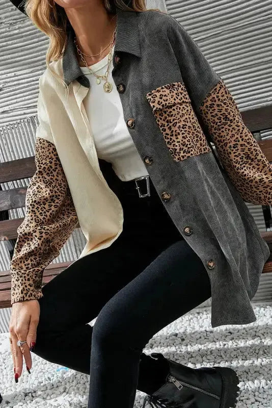 Gray Color Block Leopard Patched Corduroy Shacket - Fashionfitz