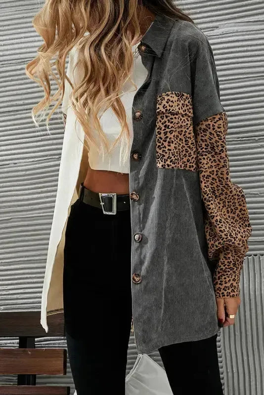 Gray Color Block Leopard Patched Corduroy Shacket - Fashionfitz