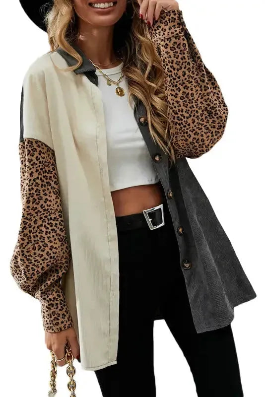 Gray Color Block Leopard Patched Corduroy Shacket - Fashionfitz