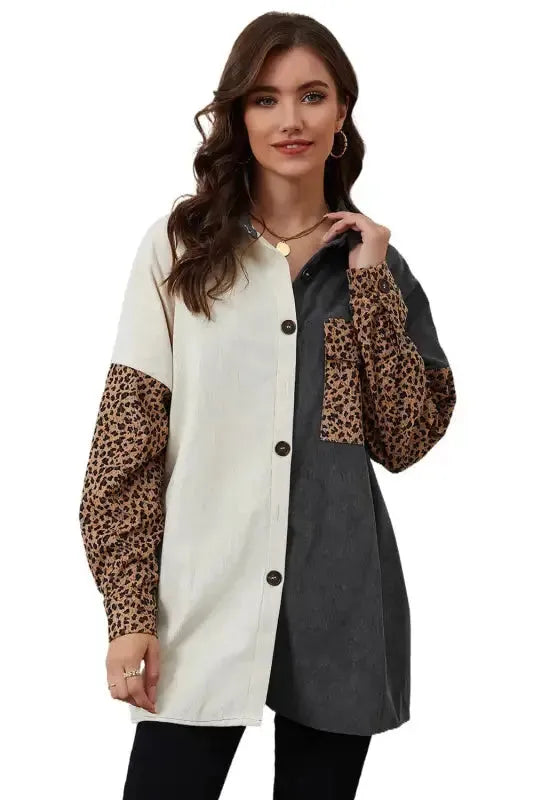 Gray Color Block Leopard Patched Corduroy Shacket - Fashionfitz