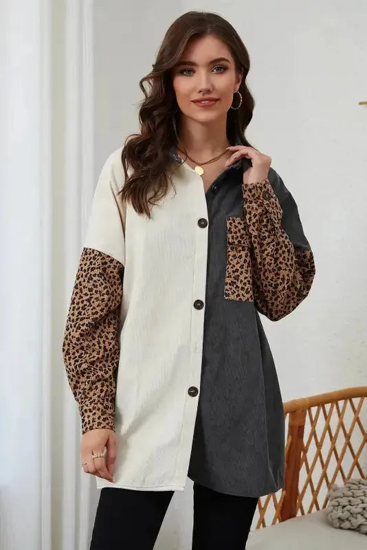 Gray Color Block Leopard Patched Corduroy Shacket - Fashionfitz