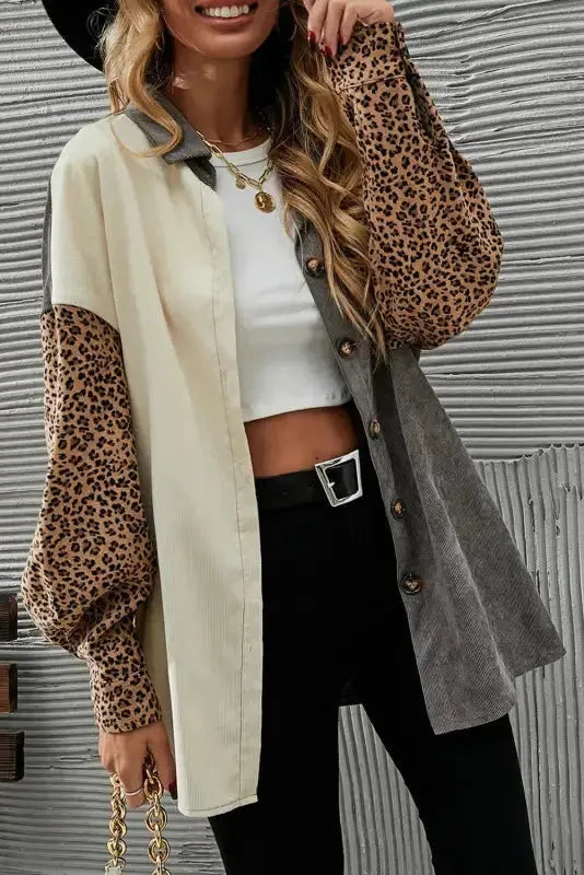 Gray Color Block Leopard Patched Corduroy Shacket - Fashionfitz