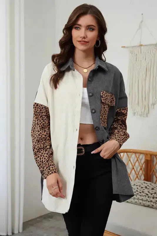 Gray Color Block Leopard Patched Corduroy Shacket - Fashionfitz