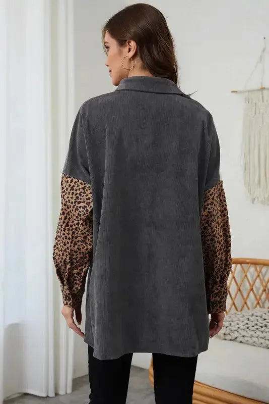 Gray Color Block Leopard Patched Corduroy Shacket - Fashionfitz