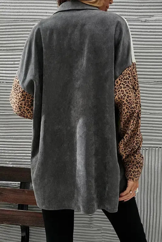 Gray Color Block Leopard Patched Corduroy Shacket - Fashionfitz