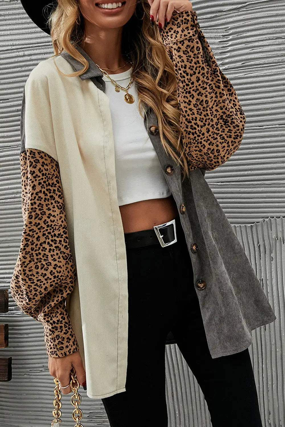 Gray color block leopard patched corduroy shacket - jackets