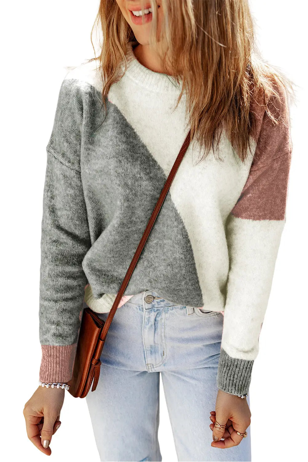 Gray colorblock ribbed trim round neck sweater - sweaters & cardigans
