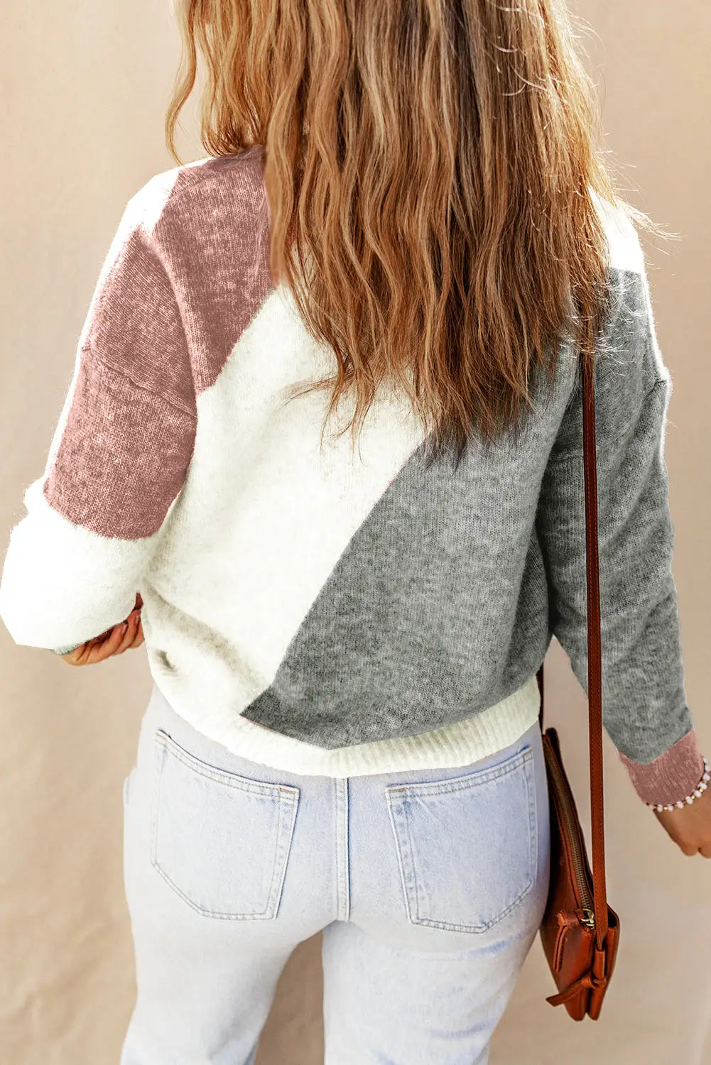 Gray colorblock ribbed trim round neck sweater - sweaters & cardigans