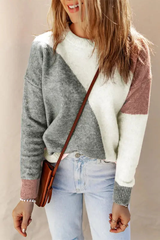 Gray colorblock ribbed trim sweater - sweaters