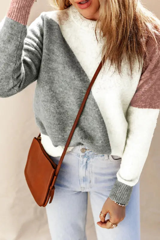 Gray colorblock ribbed trim sweater - sweaters