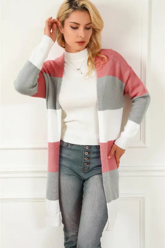 Gray colorblock stripe open-front cardigan - sweaters & cardigans