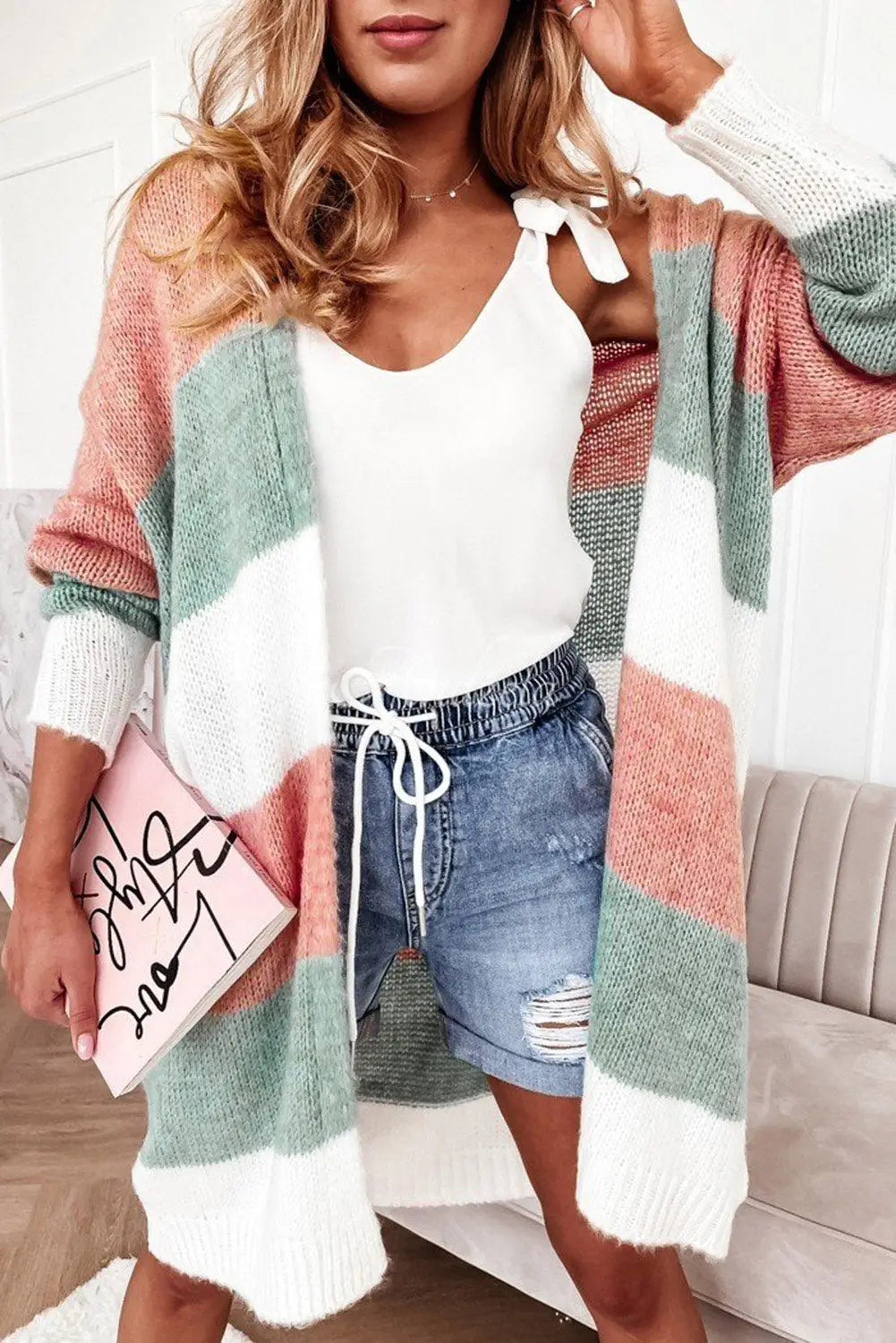 Gray colorblock stripe open-front cardigan - green / s / 65% acrylic + 35% polyamide - sweaters & cardigans