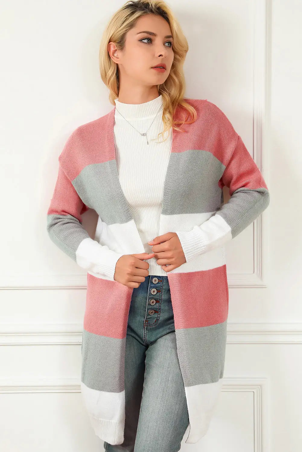 Gray colorblock stripe open-front cardigan - sweaters & cardigans
