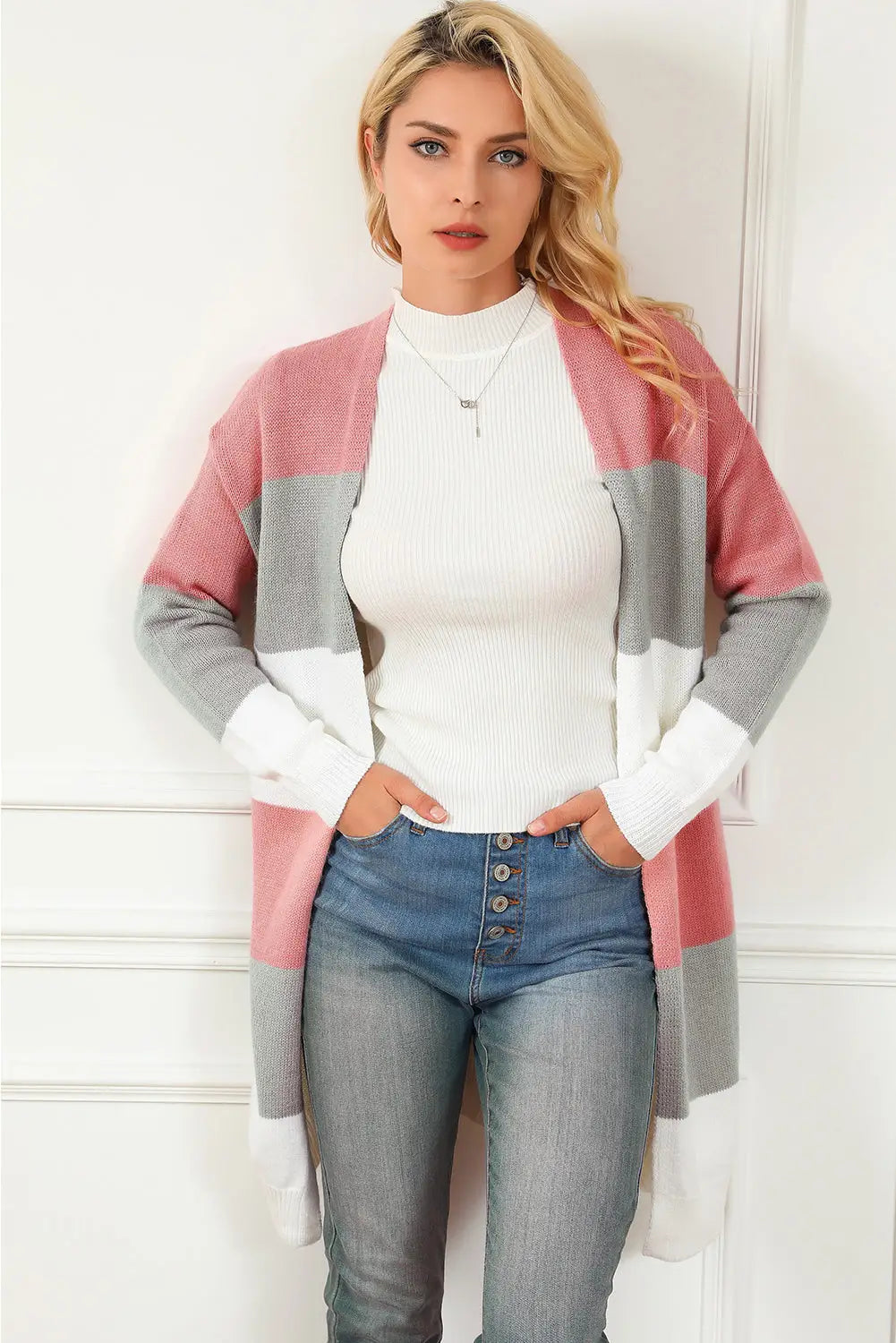 Gray colorblock stripe open-front cardigan - sweaters & cardigans