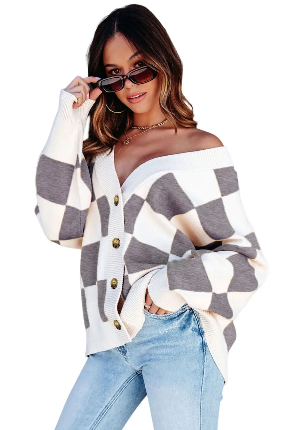 Gray contrast checkered print button up sweater cardigan - sweaters & cardigans