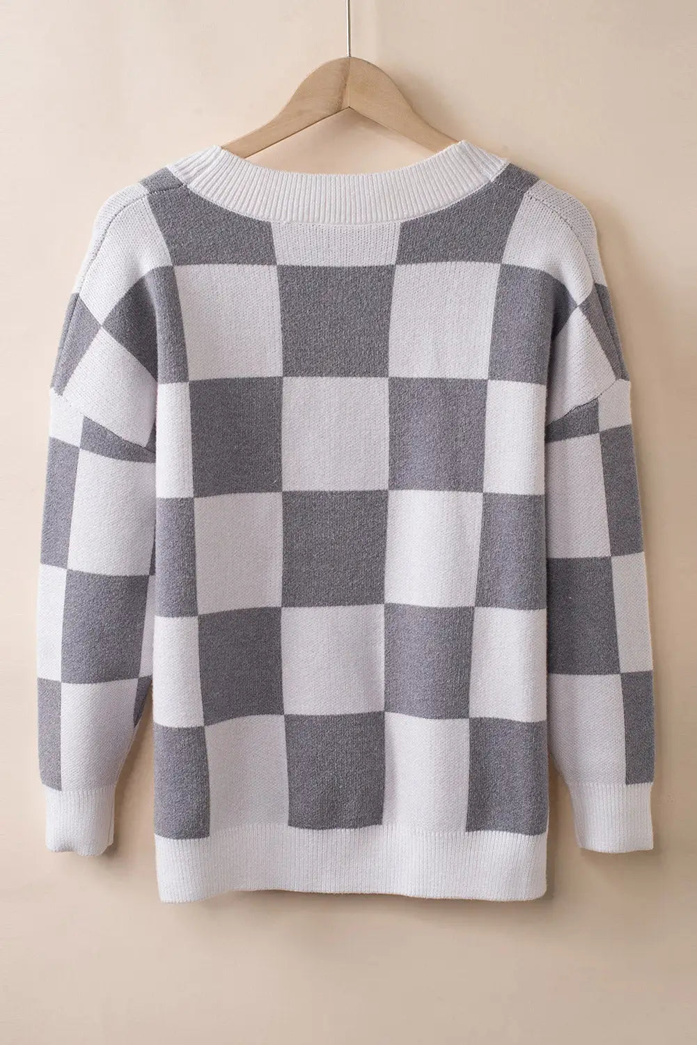 Gray contrast checkered print button up sweater cardigan - sweaters & cardigans