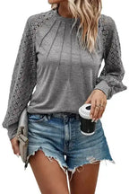 Gray Contrast Lace Raglan Sleeve Plicated Knit Top - Fashionfitz