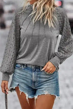 Gray Contrast Lace Raglan Sleeve Plicated Knit Top - Fashionfitz