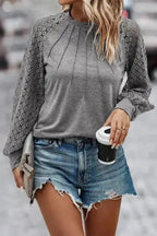 Gray Contrast Lace Raglan Sleeve Plicated Knit Top - Fashionfitz