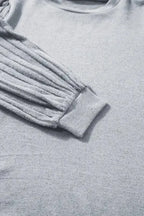 Gray Contrast Ribbed Bishop Sleeve Top - Fashionfitz