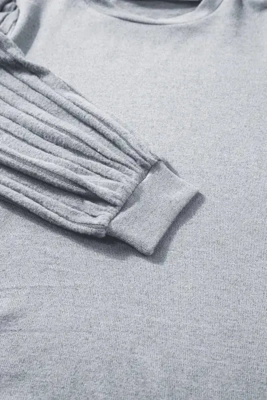 Gray Contrast Ribbed Bishop Sleeve Top - Fashionfitz