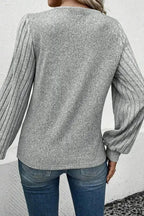 Gray Contrast Ribbed Bishop Sleeve Top - Fashionfitz