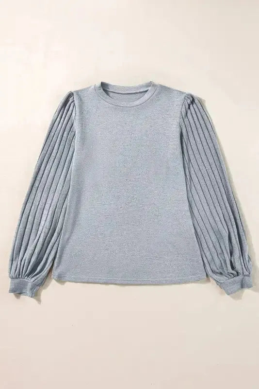 Gray Contrast Ribbed Bishop Sleeve Top - Fashionfitz