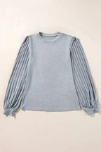 Gray Contrast Ribbed Bishop Sleeve Top - Fashionfitz