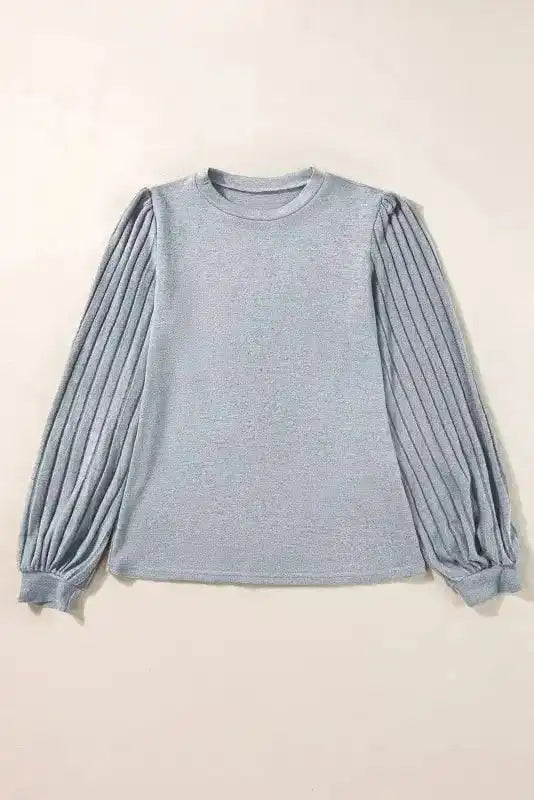 Flat lay of grey Ribbed Bishop Sleeve Top with round neckline and pleated sleeves, ideal for casual wear.