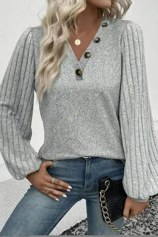 Ribbed Bishop Sleeve Top - Stylish Fashion in grey with tortoiseshell buttons and pleated sleeves, ideal for casual fall outfits.