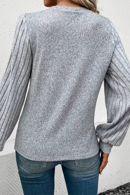 Gray contrast ribbed bishop sleeve top - tops