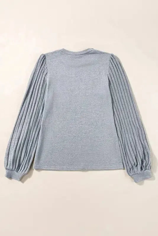 Gray Contrast Ribbed Bishop Sleeve Top - Fashionfitz