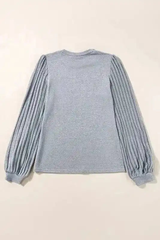 Back flat lay of grey Ribbed Bishop Sleeve Top showing clean design and ribbed sleeve detail for stylish comfort.