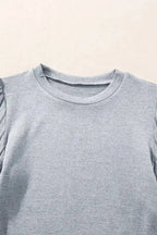 Gray Contrast Ribbed Bishop Sleeve Top - Fashionfitz