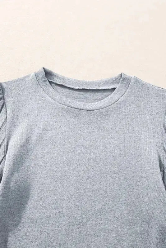 Gray Contrast Ribbed Bishop Sleeve Top - Fashionfitz