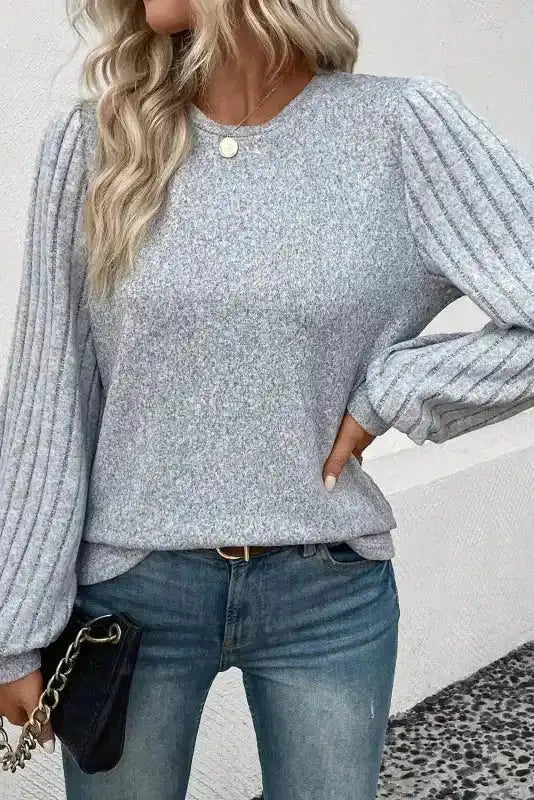 Casual fall outfit featuring the grey Ribbed Bishop Sleeve Top with solid color design and relaxed fit.