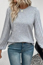 Gray Contrast Ribbed Bishop Sleeve Top - Fashionfitz