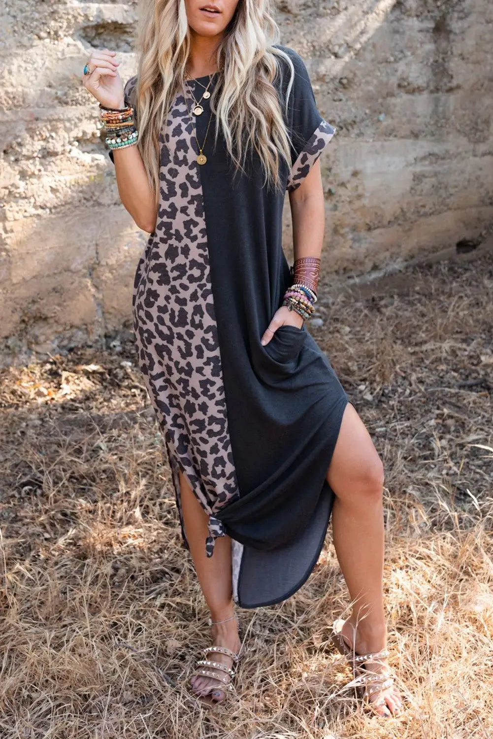 Gray contrast solid leopard short sleeve t-shirt dress with slits - black / s / 90% polyester + 10% elastane - t-shirt