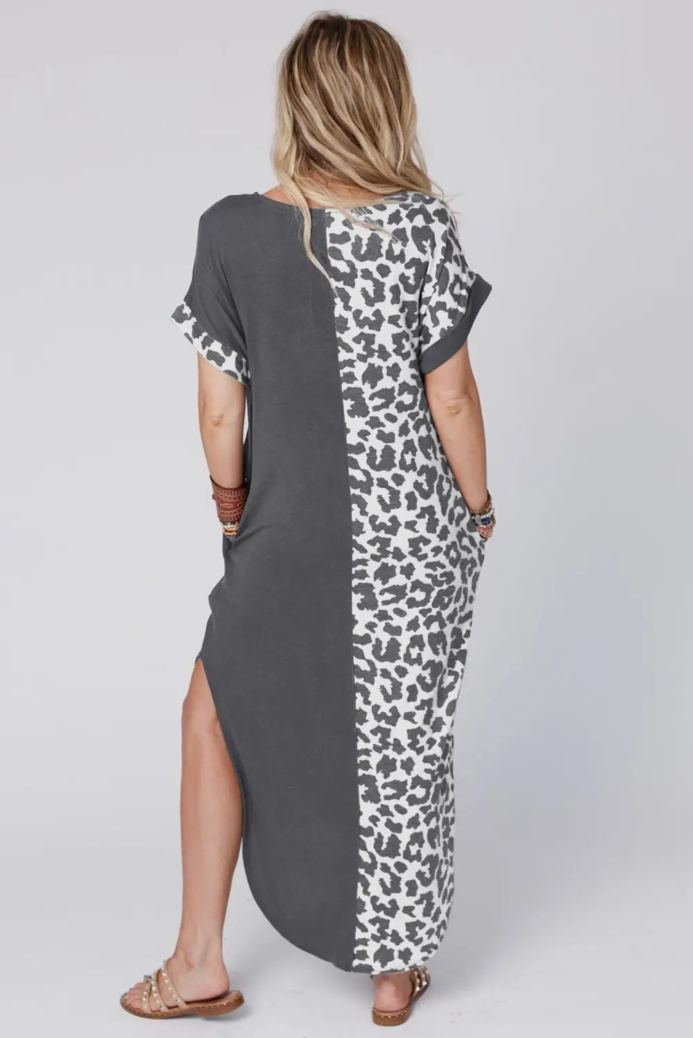 Gray contrast solid leopard short sleeve t - shirt dress with slits - dresses