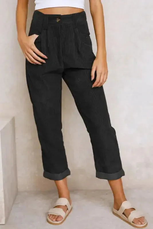 Gray Corduroy High Waist Straight Leg Pants - Fashionfitz