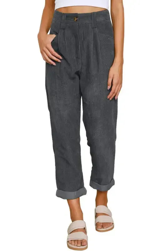 Gray Corduroy High Waist Straight Leg Pants - Fashionfitz