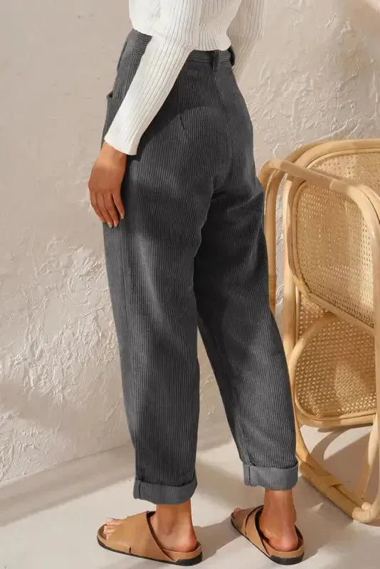 Gray Corduroy High Waist Straight Leg Pants - Fashionfitz