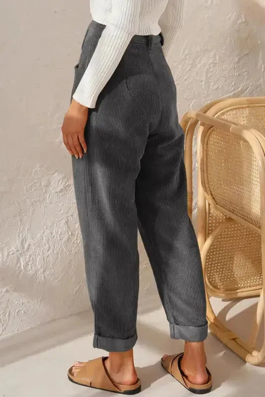 Gray Corduroy High Waist Straight Leg Pants - Fashionfitz