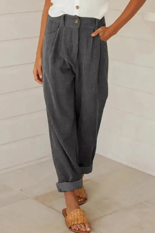 Gray Corduroy High Waist Straight Leg Pants - Fashionfitz