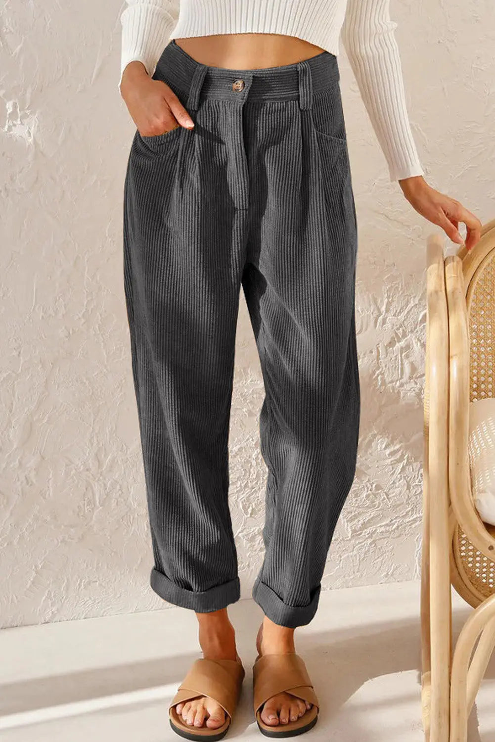 Gray corduroy high waist straight leg pants - 4 / 100% cotton