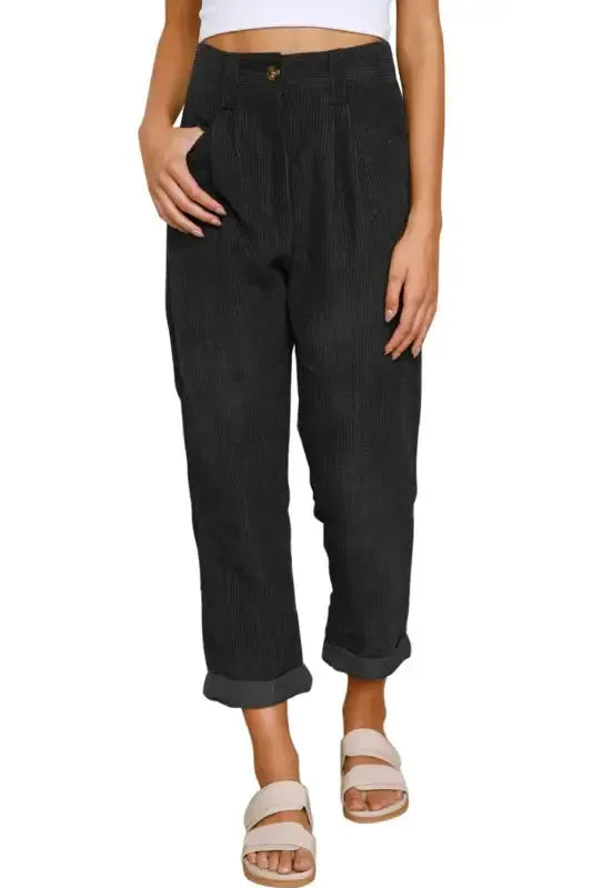Gray Corduroy High Waist Straight Leg Pants - Fashionfitz